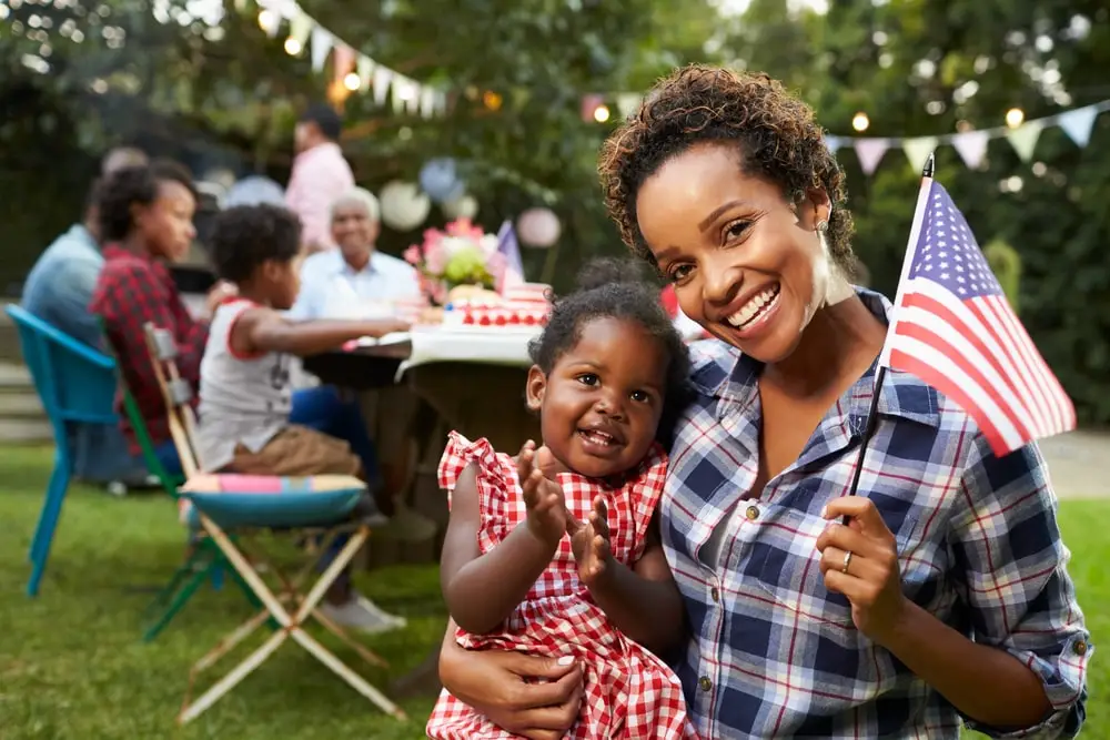 family celebrating 4th of July wearing red, white, and blue plaid